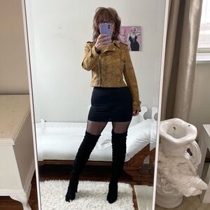 SOFTIE FAUX SUEDE LEATHER MUSTARD BLACK REPTILE MOTO JACKET SILVER ZIPPER SNAPS